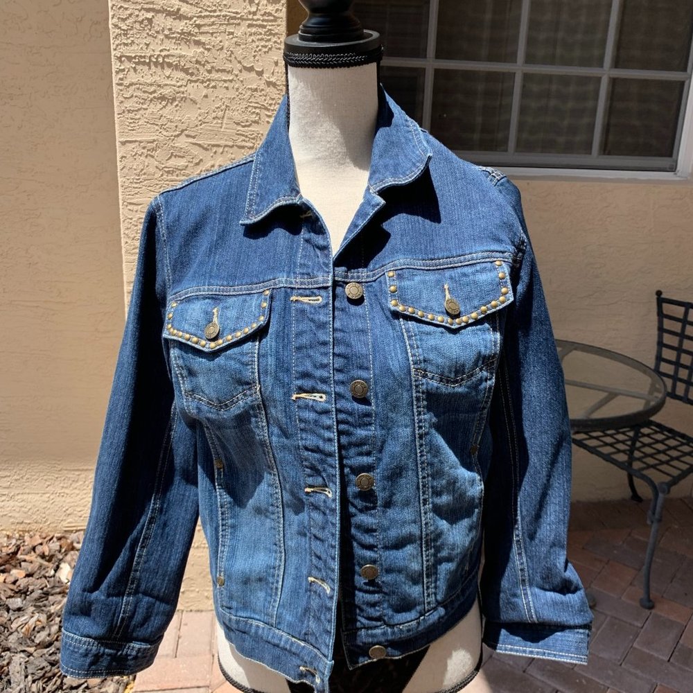 Chicos Blue Denim Jacket Brass Studs Size 0 (Sm/4)